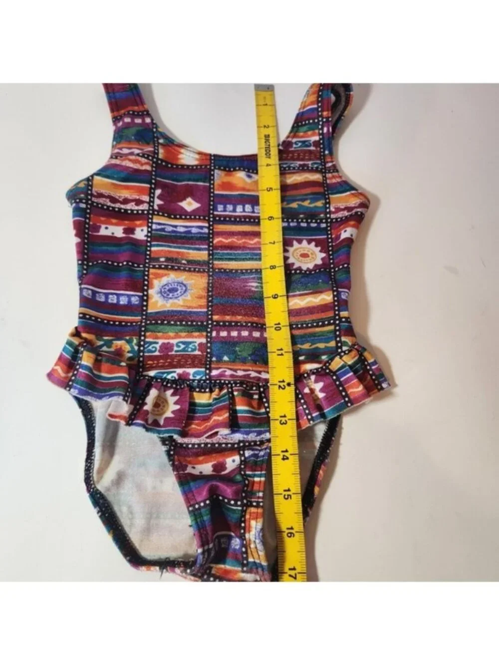 90s Girls Southwestern‎ Print Ruffle One Piece Swimsuit Multicolor Sun Geometric